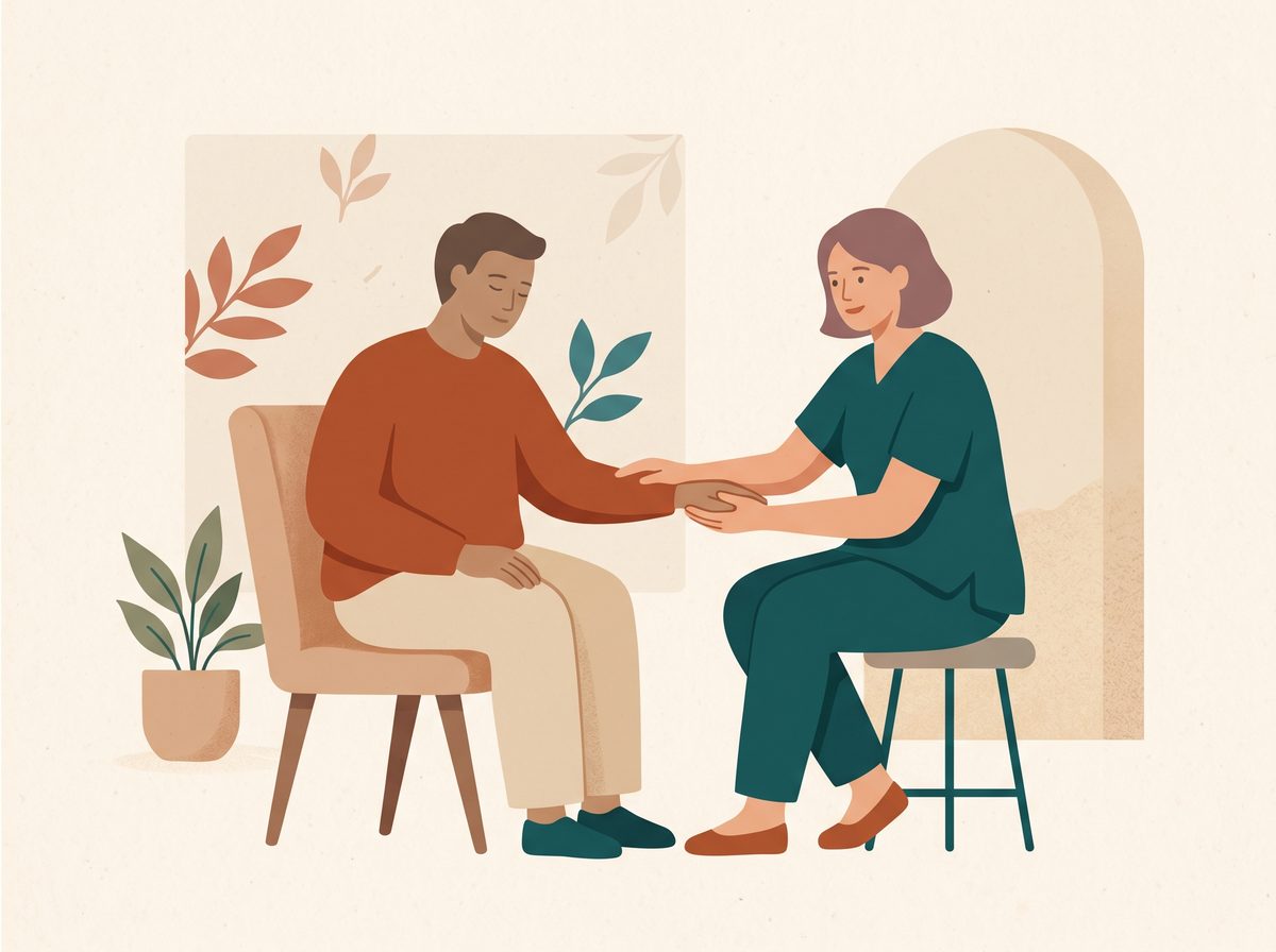 Illustration of a chiropractor sitting and listening closely to a patient in an unhurried visit