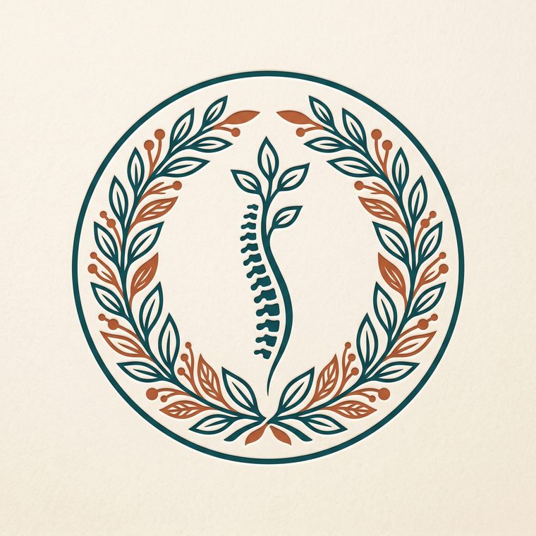 Spinal Wellness Center emblem — a spine drawn as a growing plant inside a laurel ring