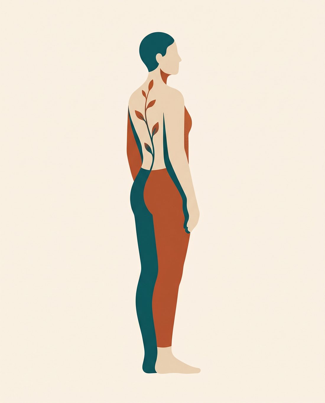 Illustration of a person standing tall and at ease, their spine drawn as a slender growing plant
