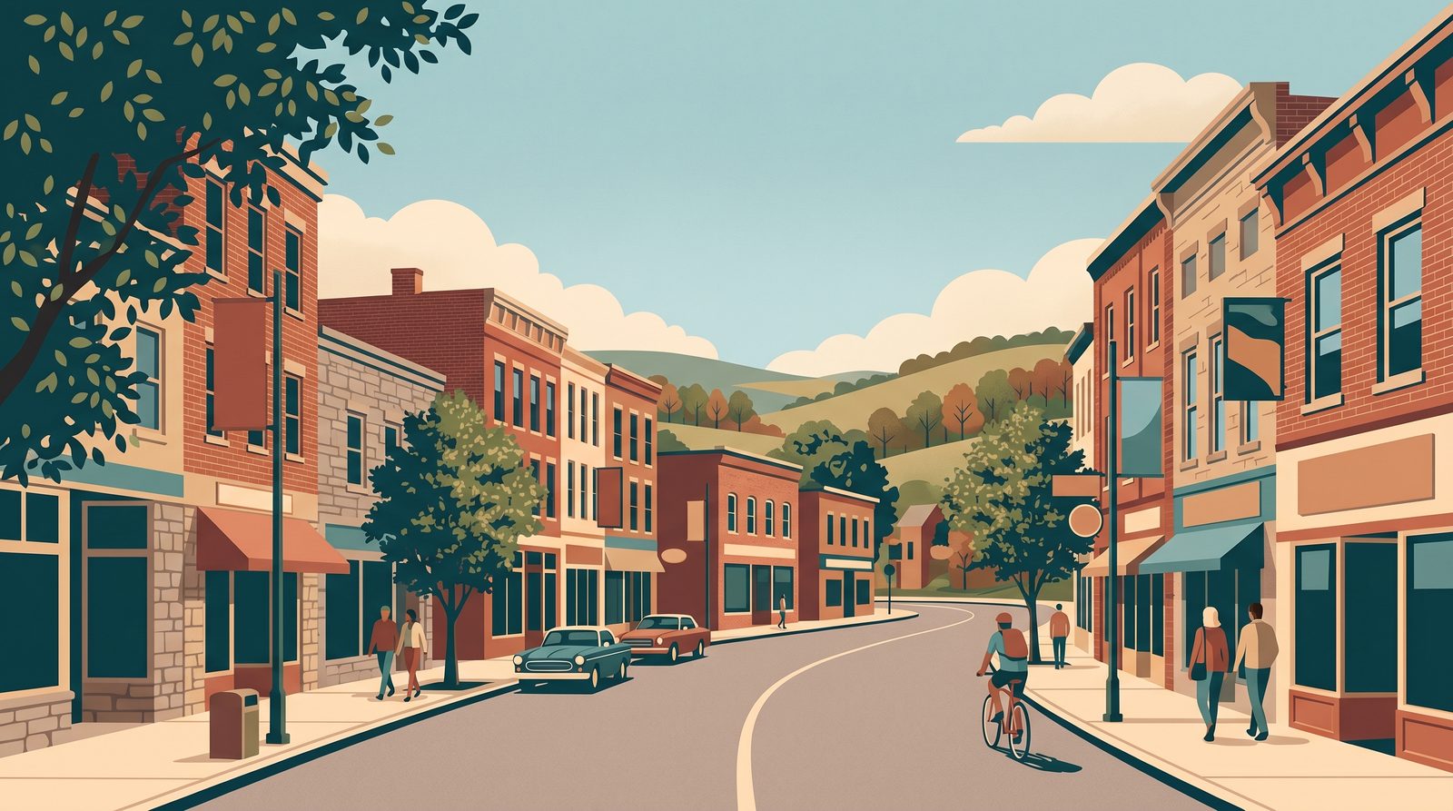 Illustration of a calm small-town Upper Bucks main street on a sunny day